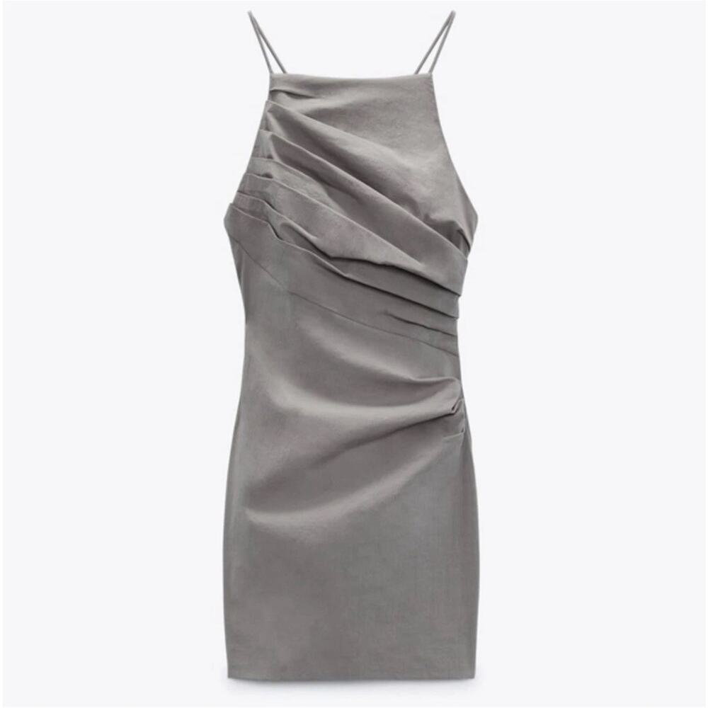 NWT ZARA Bodycon Light Gray Cross Back Strappy Mini Dress Women’s Size Large NEW